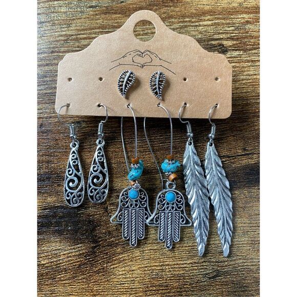 Hypoallergenic Turquoise and Bronze Silver Boho Earring Set feather - Picture 1 of 3